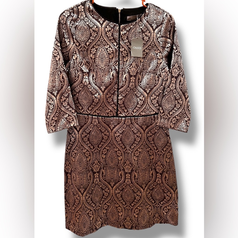 OASIS Grey Metallic Gold Dress UK 12 Black Jacquard Shift Knee Length Stretch